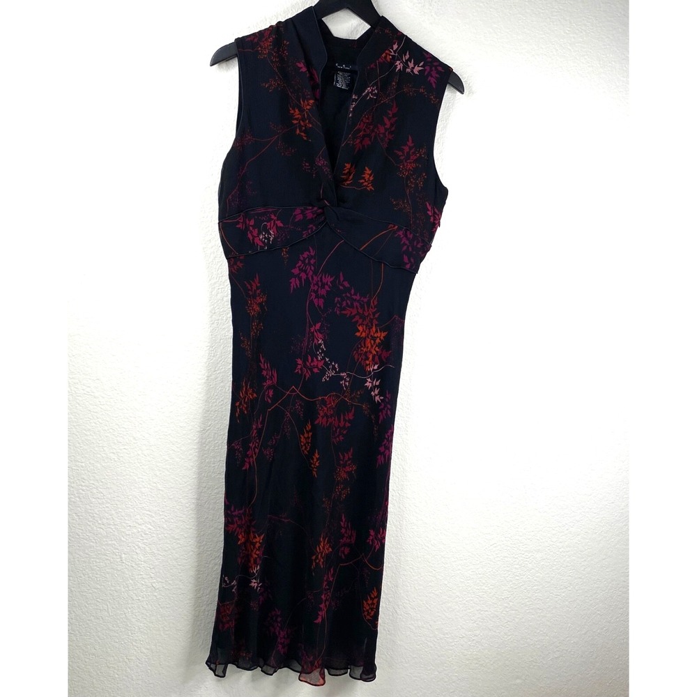 ECI New York Dress Women's Black Sz 12 Silk Babydoll Floral Forest Fairy Whimsy